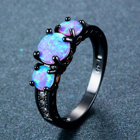 Hollow Design Oval Rainbow Fire Opal Ring Jewelry For Women Black Titanium Wedding Engagement Rings Bague Femme