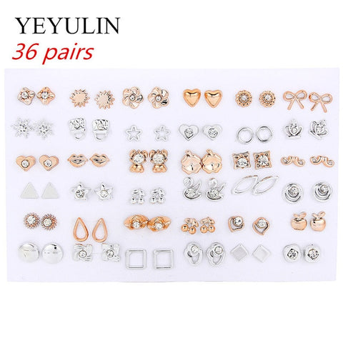 Wholesale 36Pairs/18pairs Mixed Styles Rhinestone Sun Flower Geometric Animal Plastic Stud Earrings Set For Women Girls Jewelry