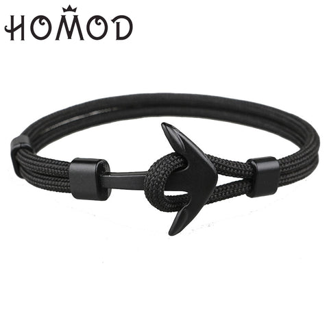 HOMOD 2019 New Fashion Black Color Anchor Bracelets Men Charm Survival Rope Chain Paracord Bracelet Male Wrap Metal Sport Hooks