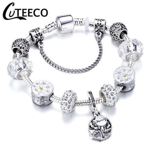 CUTEECO 925 Fashion Silver Charms Bracelet Bangle For Women Crystal Flower Fairy Bead Fit Brand Bracelets Jewelry Pulseras Mujer