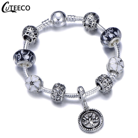 CUTEECO 925 Fashion Silver Charms Bracelet Bangle For Women Crystal Flower Fairy Bead Fit Brand Bracelets Jewelry Pulseras Mujer