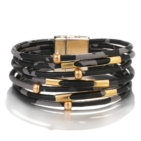 Amorcome Leopard Leather Bracelets For Women 2019 Fashion Bracelets & Bangles Elegant Multilayer Wide Wrap Bracelet Jewelry