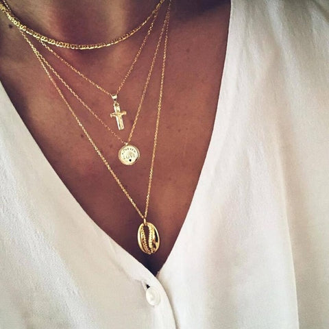 RAVIMOUR 19Style Boho Necklaces for Women Vintage Gold Silver Chain Long Moon Statement Necklace Pendant Bohemian Choker Jewelry