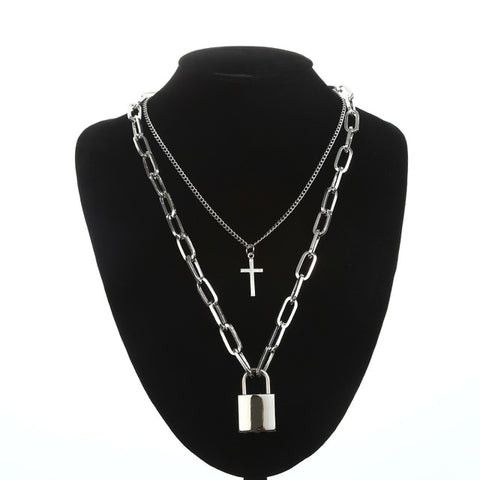 Double layer Lock Chain necklace punk 90s link chain silver color padlock pendant necklace women fashion gothic  jewelry