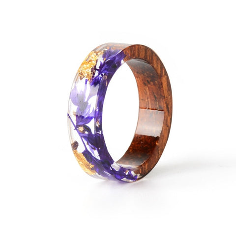 2019 Hot Sale Handmade Wood Resin Ring Dried Flowers Plants Inside Jewelry Resin Ring Transparent Anniversary Ring for Women