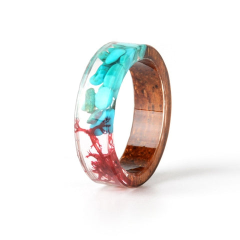 2019 Hot Sale Handmade Wood Resin Ring Dried Flowers Plants Inside Jewelry Resin Ring Transparent Anniversary Ring for Women