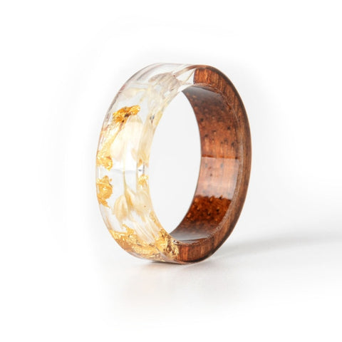 2019 Hot Sale Handmade Wood Resin Ring Dried Flowers Plants Inside Jewelry Resin Ring Transparent Anniversary Ring for Women