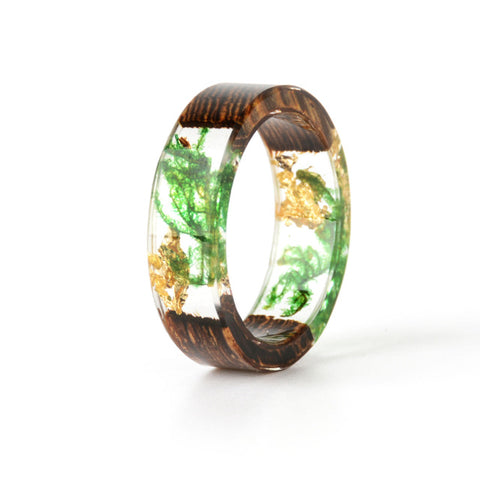 2019 Hot Sale Handmade Wood Resin Ring Dried Flowers Plants Inside Jewelry Resin Ring Transparent Anniversary Ring for Women