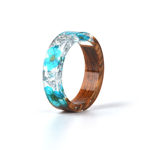 2019 Hot Sale Handmade Wood Resin Ring Dried Flowers Plants Inside Jewelry Resin Ring Transparent Anniversary Ring for Women