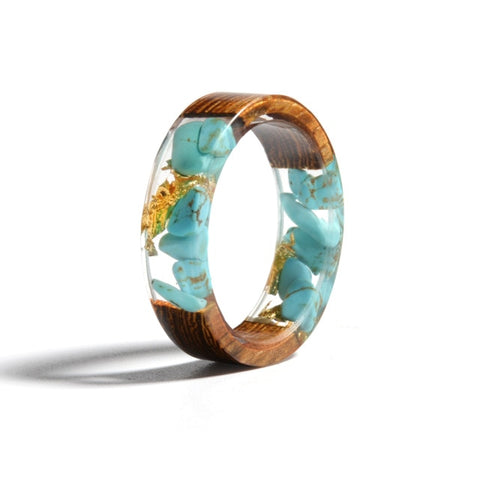 2019 Hot Sale Handmade Wood Resin Ring Dried Flowers Plants Inside Jewelry Resin Ring Transparent Anniversary Ring for Women