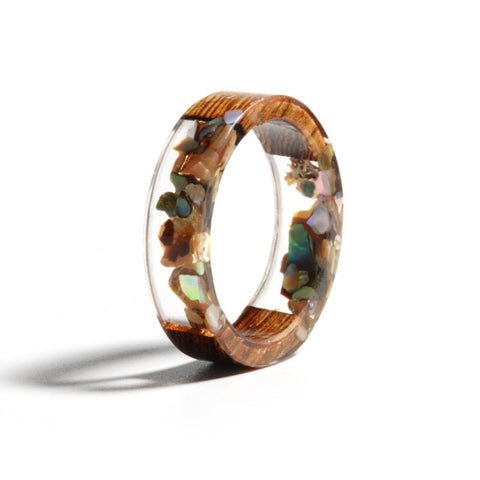 2019 Hot Sale Handmade Wood Resin Ring Dried Flowers Plants Inside Jewelry Resin Ring Transparent Anniversary Ring for Women