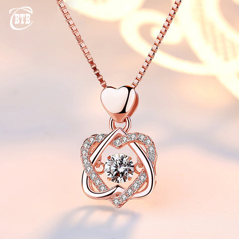 Fashion Romantic Double Heart Flower Pendant Necklace with Zircon Rose Gold/Silver Color Necklace For Women Jewelry