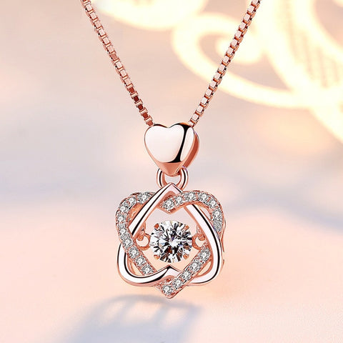 Fashion Romantic Double Heart Flower Pendant Necklace with Zircon Rose Gold/Silver Color Necklace For Women Jewelry