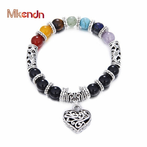 Wholesale Men Women 7 Chakra Bracelets Bangles Colors Mixed Healing Crystals Stone Chakra Pray Mala Heart Charm Bracelet Jewelry