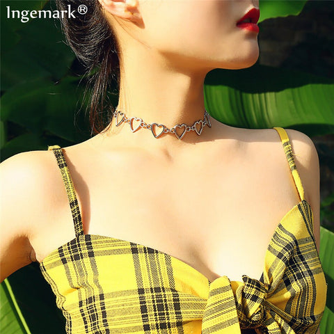 Ingemark Korean Sweet Love Heart Choker Necklace Statement Girlfriend Gift Cute Gold Silver Necklace Jewelry Collier Femme 2018