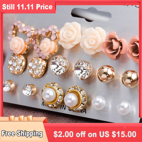 12/ 9 Pairs/Set Women's Pearl Flower Crystal Studs Earrings Girls Elegant Rose Flower Heart Ear Jewelry Gift