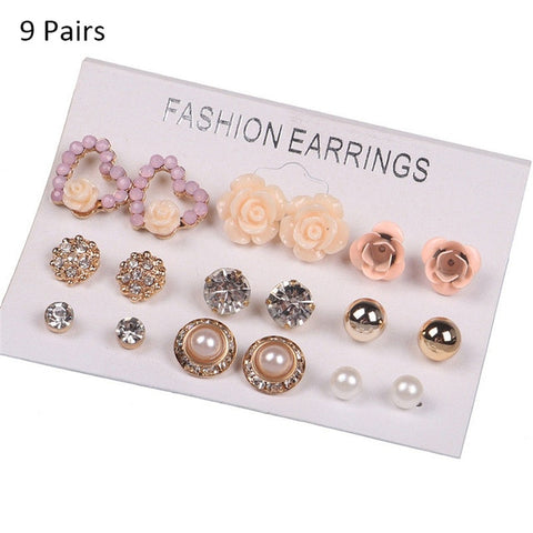 12/ 9 Pairs/Set Women's Pearl Flower Crystal Studs Earrings Girls Elegant Rose Flower Heart Ear Jewelry Gift