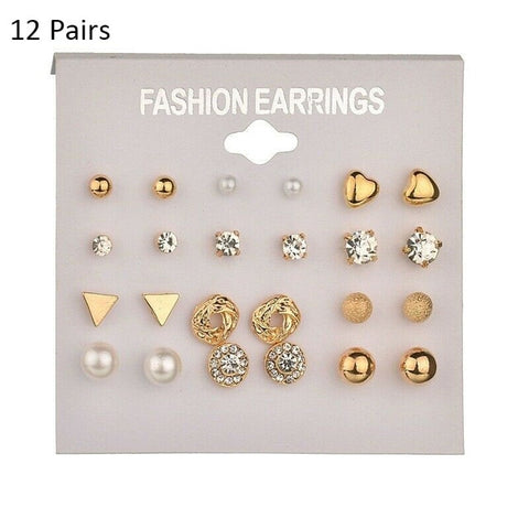 12/ 9 Pairs/Set Women's Pearl Flower Crystal Studs Earrings Girls Elegant Rose Flower Heart Ear Jewelry Gift