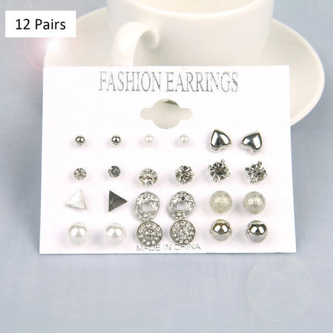 12/ 9 Pairs/Set Women's Pearl Flower Crystal Studs Earrings Girls Elegant Rose Flower Heart Ear Jewelry Gift