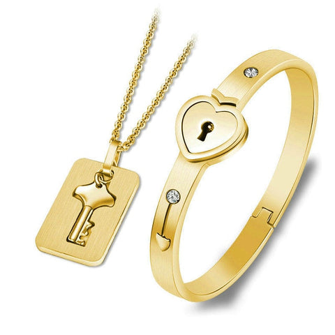 A Couple Lovers Jewelry Love Heart Lock Bracelet Stainless Steel Bracelets Bangles Key Pendant Necklace Jewelry Dropshipping