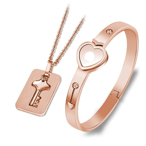 A Couple Lovers Jewelry Love Heart Lock Bracelet Stainless Steel Bracelets Bangles Key Pendant Necklace Jewelry Dropshipping