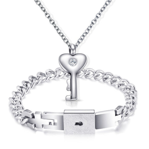 A Couple Lovers Jewelry Love Heart Lock Bracelet Stainless Steel Bracelets Bangles Key Pendant Necklace Jewelry Dropshipping