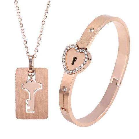 A Couple Lovers Jewelry Love Heart Lock Bracelet Stainless Steel Bracelets Bangles Key Pendant Necklace Jewelry Dropshipping