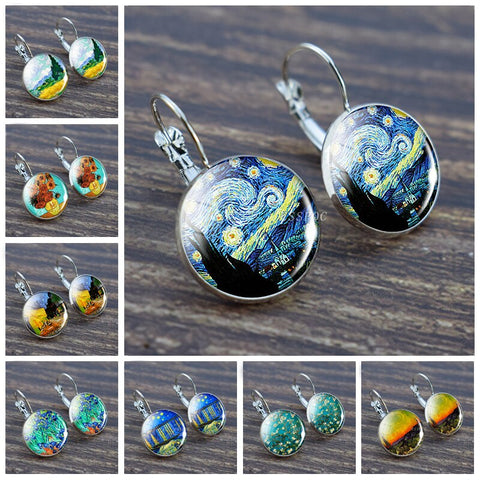 Fashion Silver Color Simple Style Earings Van Gogh Famous Artist Starry Night Stud Earrings Glass Cabochon Jewelry Women Gifts