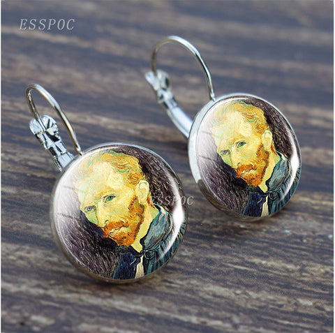 Fashion Silver Color Simple Style Earings Van Gogh Famous Artist Starry Night Stud Earrings Glass Cabochon Jewelry Women Gifts