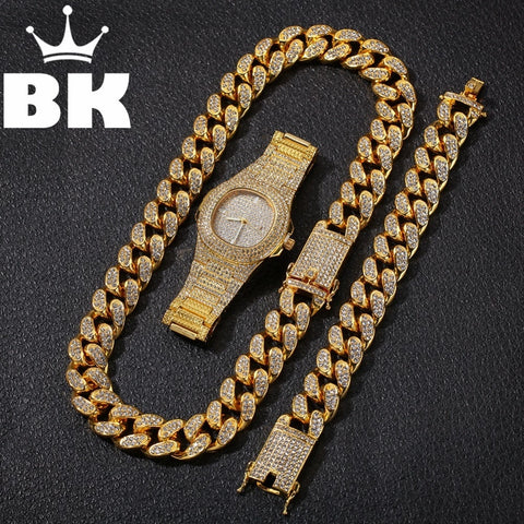 Hip Hop Gold Color Cuban Chain Gold Silver Necklace and Bracelet Set  Free Luxury Combination of Watch and Necklace Set