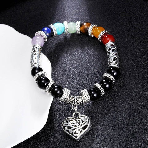 Wholesale Men Women 7 Chakra Bracelets Bangles Colors Mixed Healing Crystals Stone Chakra Pray Mala Heart Charm Bracelet Jewelry