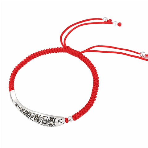 925 Sterling Silver Fish Lucky Red Rope Bracelet Handmade Bangle Wax String Amulet Jewelry 1552