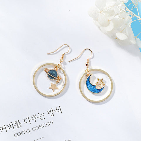 2018 New Creative Blue Universe Asymmetric Earrings For Girl Ear Accessories Cute Moon Star Drop Pendientes Tassel Brincos