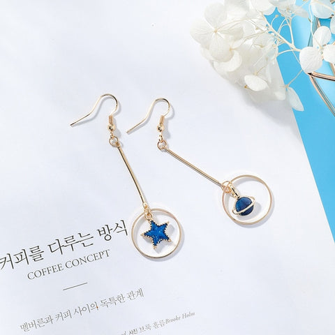 2018 New Creative Blue Universe Asymmetric Earrings For Girl Ear Accessories Cute Moon Star Drop Pendientes Tassel Brincos