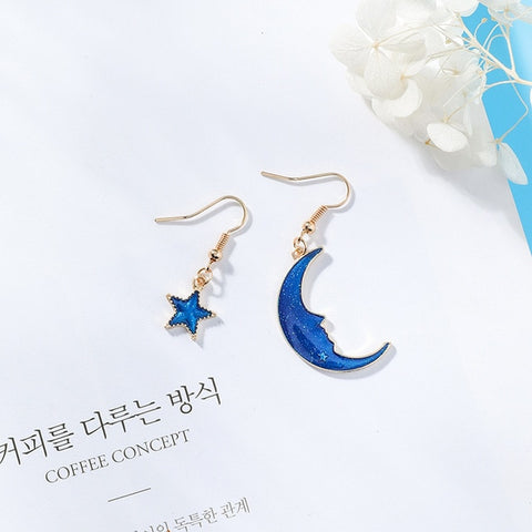 2018 New Creative Blue Universe Asymmetric Earrings For Girl Ear Accessories Cute Moon Star Drop Pendientes Tassel Brincos