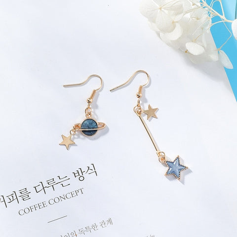 2018 New Creative Blue Universe Asymmetric Earrings For Girl Ear Accessories Cute Moon Star Drop Pendientes Tassel Brincos