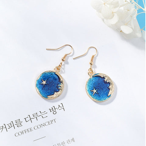 2018 New Creative Blue Universe Asymmetric Earrings For Girl Ear Accessories Cute Moon Star Drop Pendientes Tassel Brincos