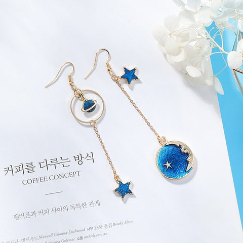 2018 New Creative Blue Universe Asymmetric Earrings For Girl Ear Accessories Cute Moon Star Drop Pendientes Tassel Brincos