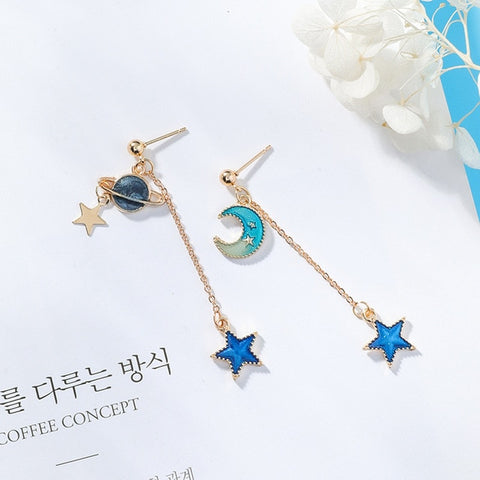 2018 New Creative Blue Universe Asymmetric Earrings For Girl Ear Accessories Cute Moon Star Drop Pendientes Tassel Brincos