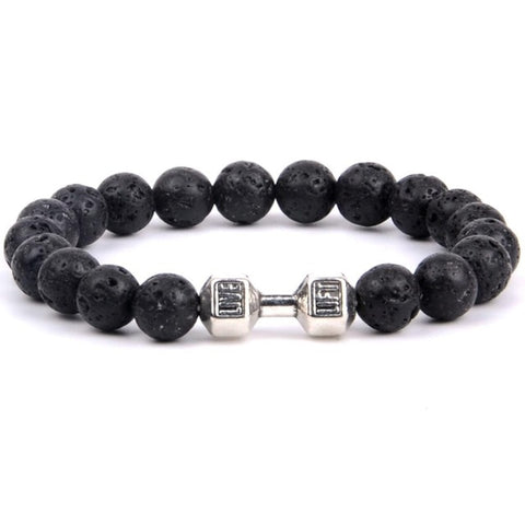 Natural Stone Black Agates Yellow Tiger Eye Beaded Bracelets Men Silver Color Alloy Barbell Charm Bracelets For Women Jewellry