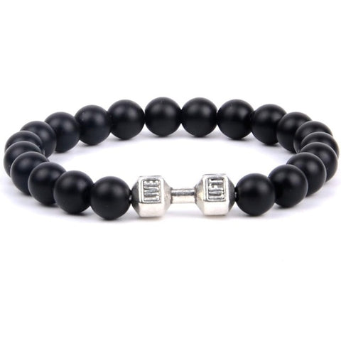 Natural Stone Black Agates Yellow Tiger Eye Beaded Bracelets Men Silver Color Alloy Barbell Charm Bracelets For Women Jewellry