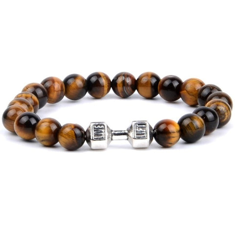 Natural Stone Black Agates Yellow Tiger Eye Beaded Bracelets Men Silver Color Alloy Barbell Charm Bracelets For Women Jewellry