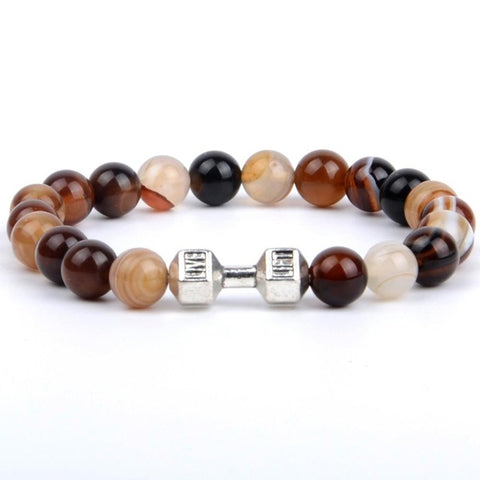 Natural Stone Black Agates Yellow Tiger Eye Beaded Bracelets Men Silver Color Alloy Barbell Charm Bracelets For Women Jewellry