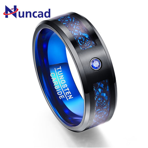 Foreign Trade Carbon Fiber Scrub Blue Zircon Men Rings 100% Tungsten Carbide Anillos para hombres Black Dragon