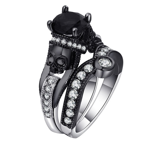 Ufooro Skull Ring Set For Women Men Punk Style Fashion Jewelry Charm Black Round Cubic Zirconia evil Skeleton Ring Set For Party