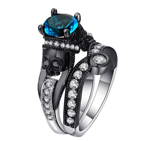 Ufooro Skull Ring Set For Women Men Punk Style Fashion Jewelry Charm Black Round Cubic Zirconia evil Skeleton Ring Set For Party