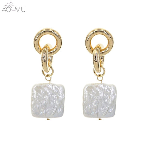 AOMU Korea Design Metal Gold Geometric Irregular Circle Square Natural Freshwater Pearl Stud Earrings for Women Girl Gift