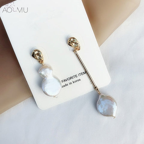 AOMU Korea Design Metal Gold Geometric Irregular Circle Square Natural Freshwater Pearl Stud Earrings for Women Girl Gift