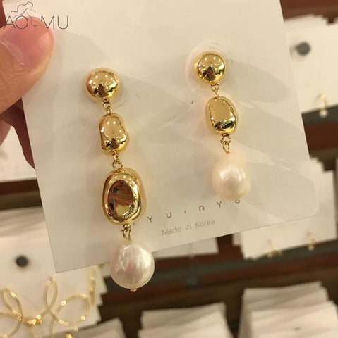 AOMU Korea Design Metal Gold Geometric Irregular Circle Square Natural Freshwater Pearl Stud Earrings for Women Girl Gift