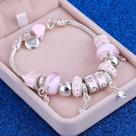 ZOSHI Pink Crystal Charm Silver Bracelets & Bangles for Women With Aliexpress Murano Beads Silver Bracelet Femme Jewelry